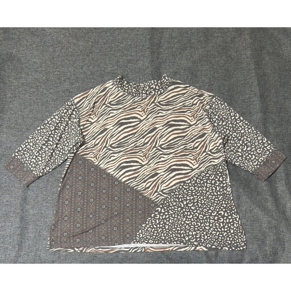 Multiples Women 2X Top Mixed Animal Print Zebra Leopard 3/4 Sleeve Mock Neck